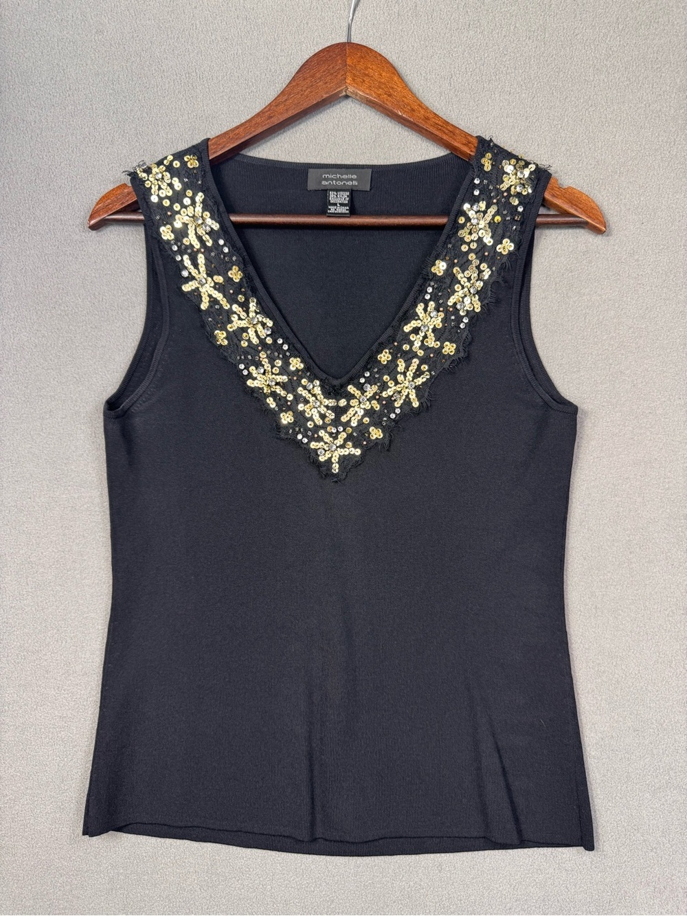 Michelle Antonelli Black Sleeveless V-Neck Tank, Gold Sequin and Beaded Trim, L